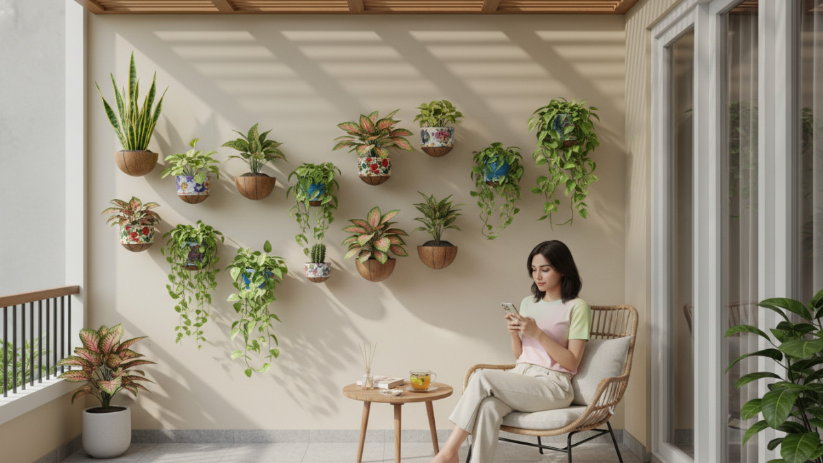 Pot tanaman dinding dari barang bekas menghiasi rumah minimalis.