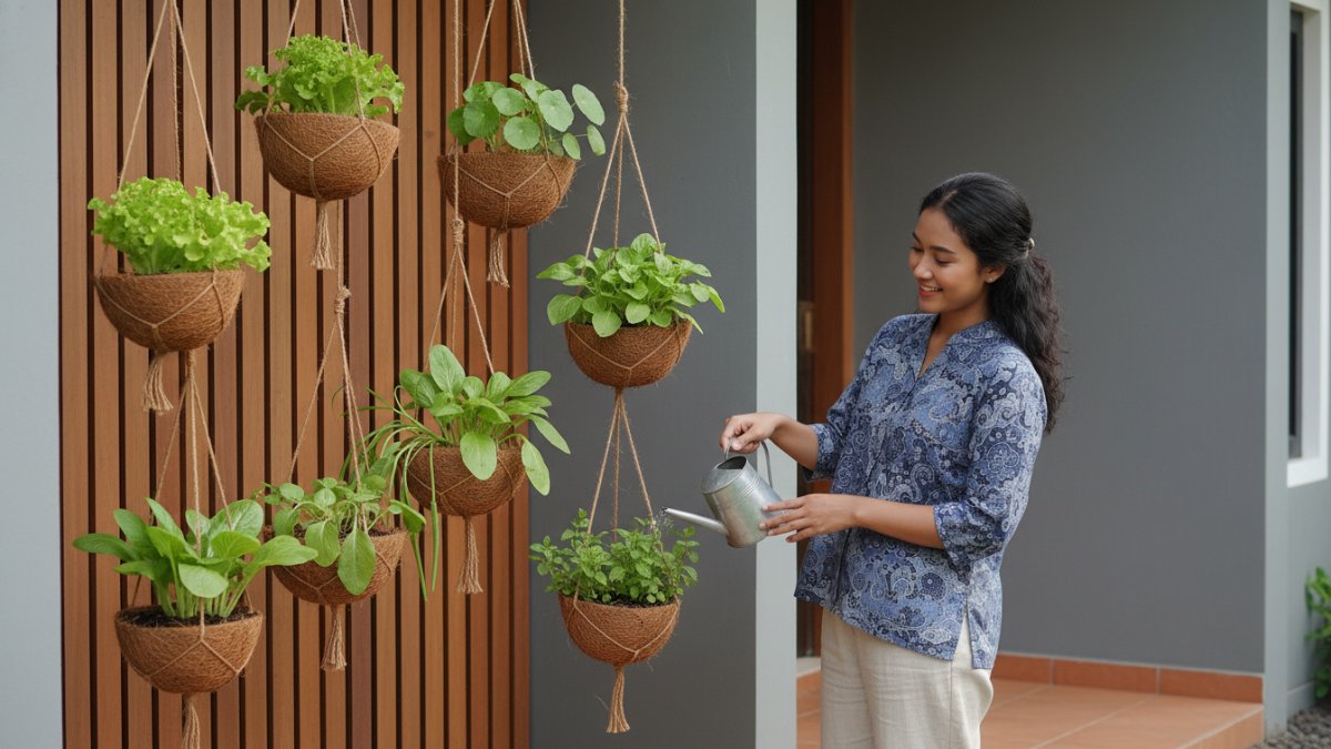 Deretan pot gantung sabut kelapa di pagar rumah dengan sayuran segar.