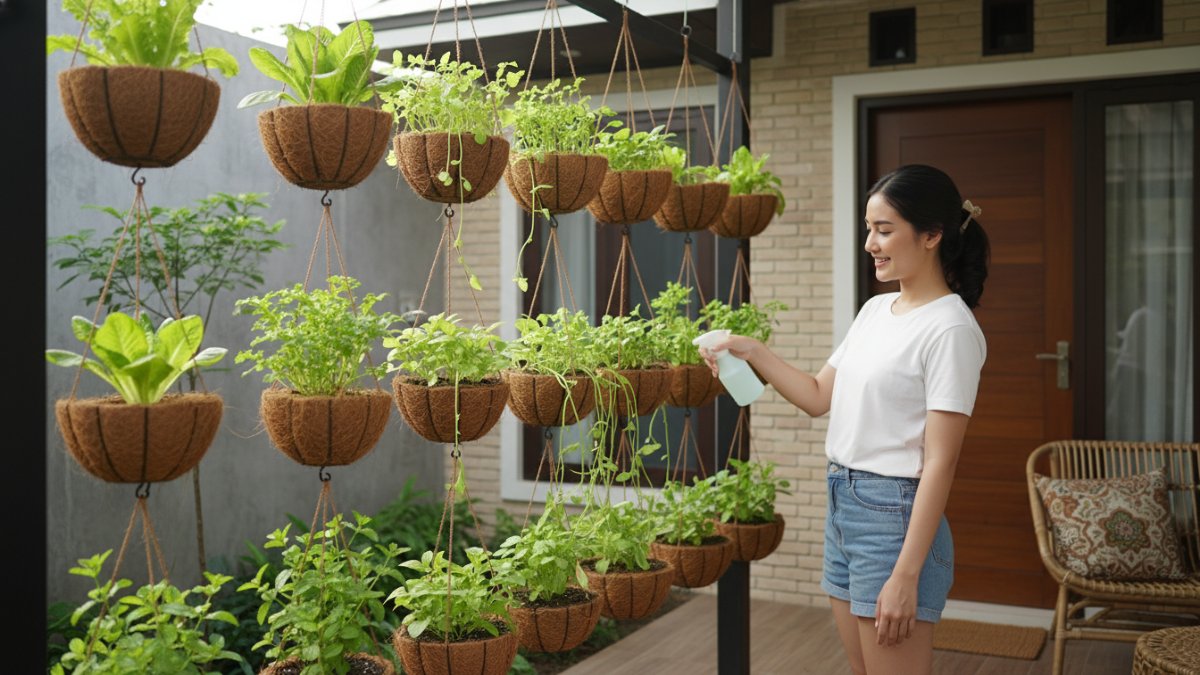 Berkebun dengan media tanam pot gantung sabut kelapa berisi sayuran daun di teras rumah.