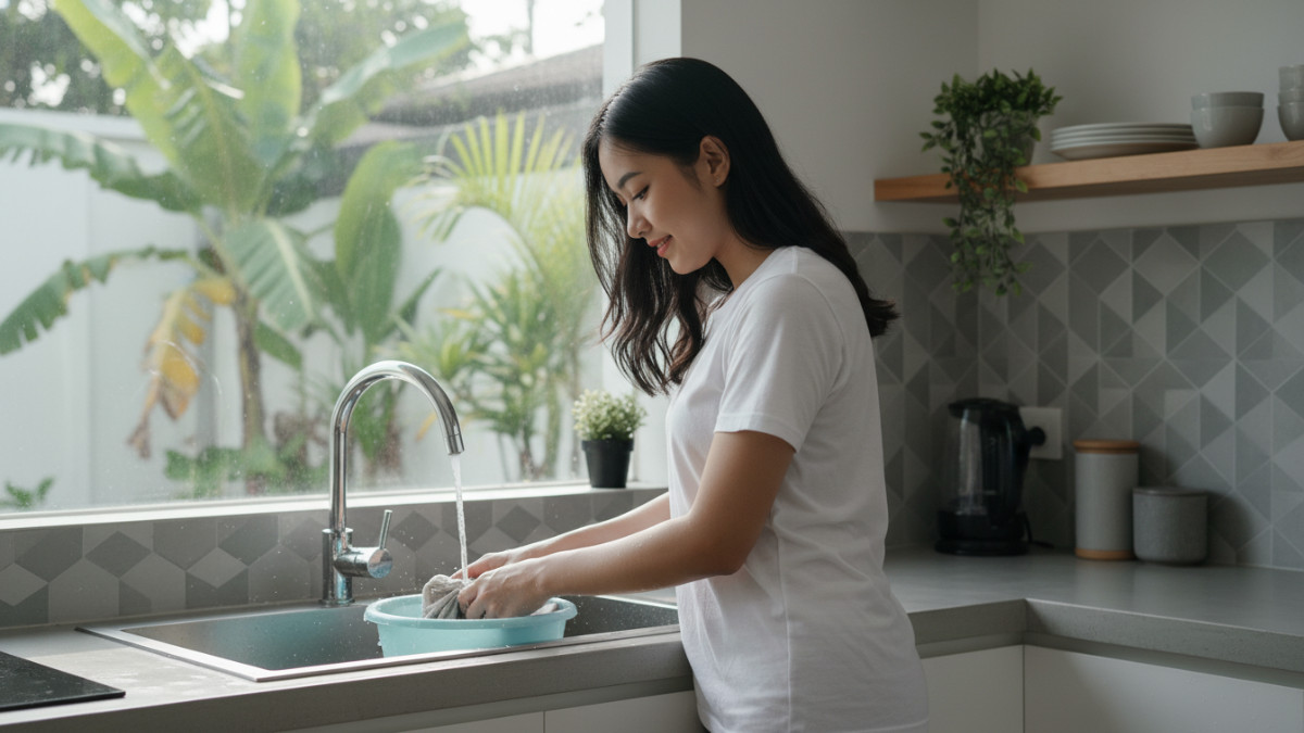 Serbet dapur penuh noda minyak sebelum direndam