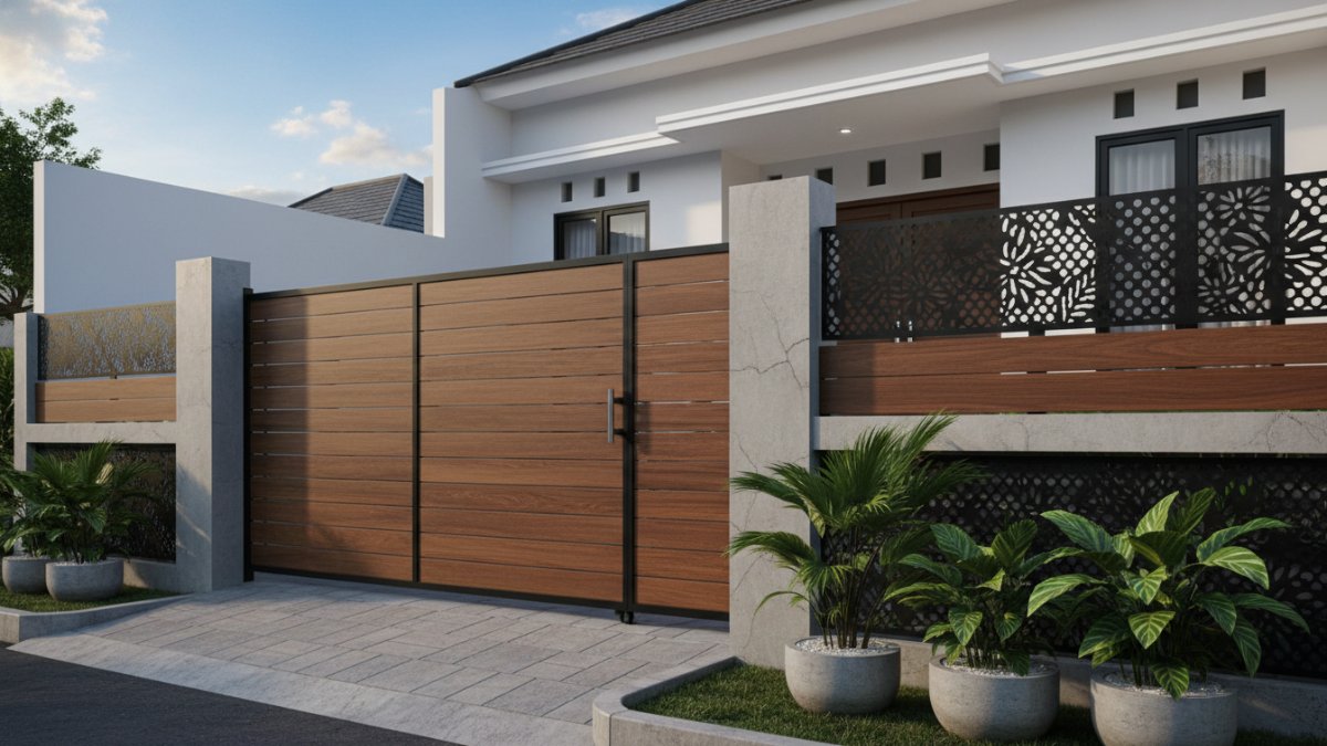Pagar Material kayu dengan kombinasi beton dan dengan kisi besi atau panel logam berlubang dirumah minimalis modern