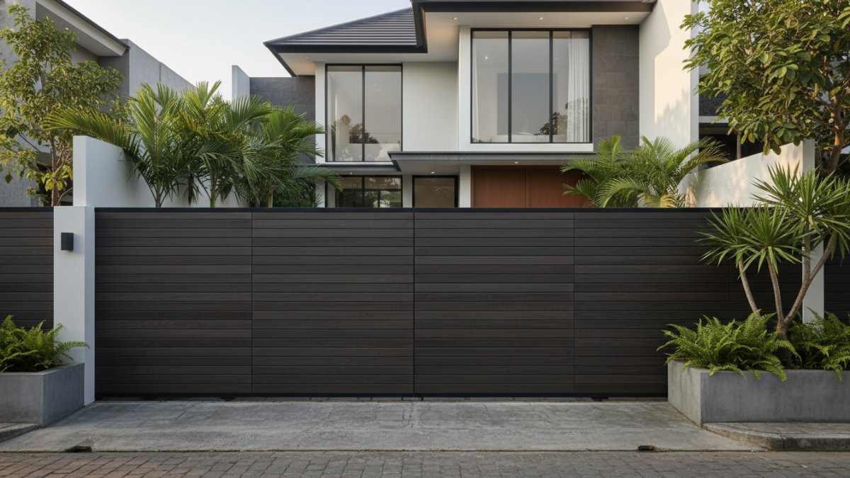 Pagar panel tertutup Material logam atau komposit dirumah minimalis modern.
