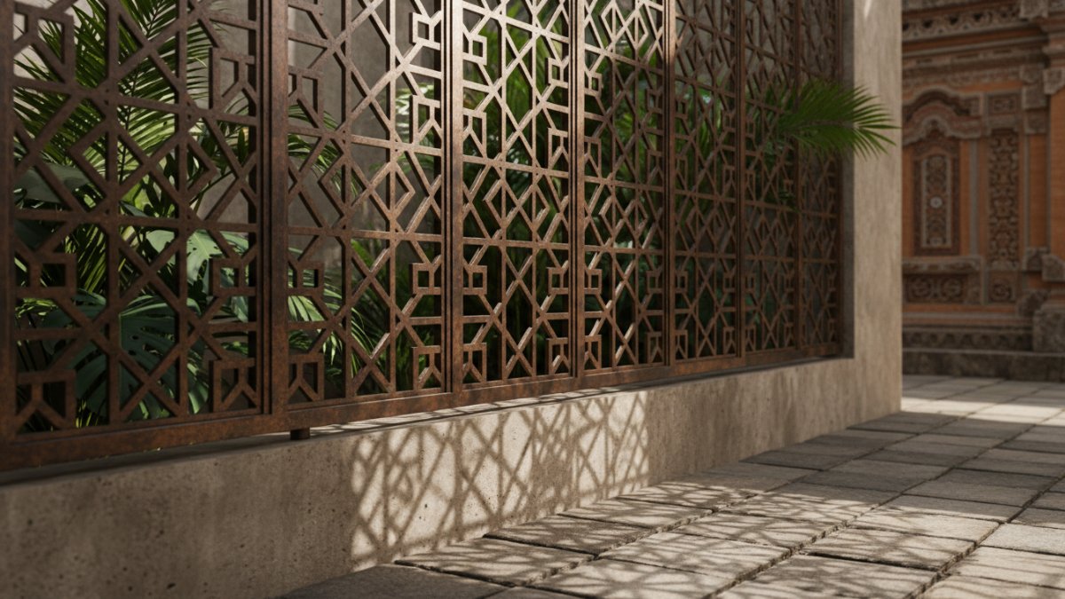 Pagar dengan sentuhan geometris juga banyak diminati. Pola laser cut atau perforated metal menghadirkan permainan cahaya dan bayangan