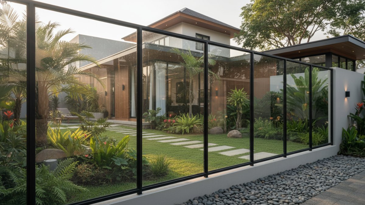 Pagar kaca tempered memperlihatkan taman dan kesan hunian terbuka.