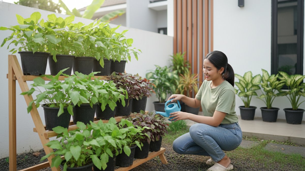 Kebun sayur rumah modern dengan kangkung dan bayam tertata rapi dan hijau segar.