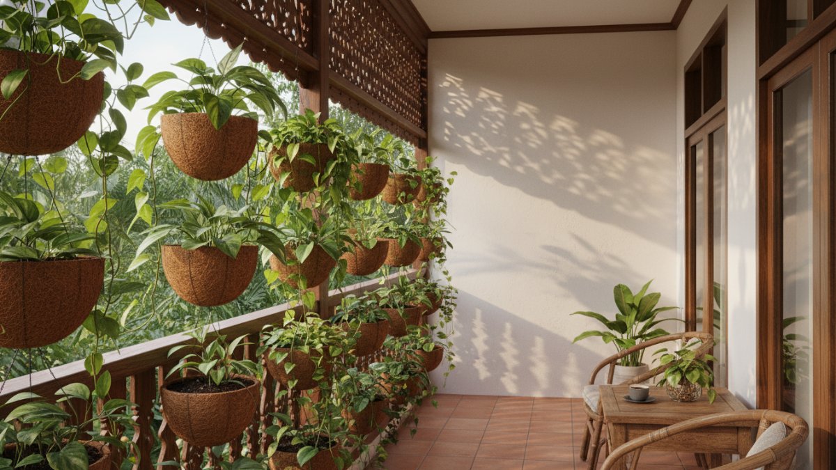 Pot gantung sabut kelapa di balkon rumah.