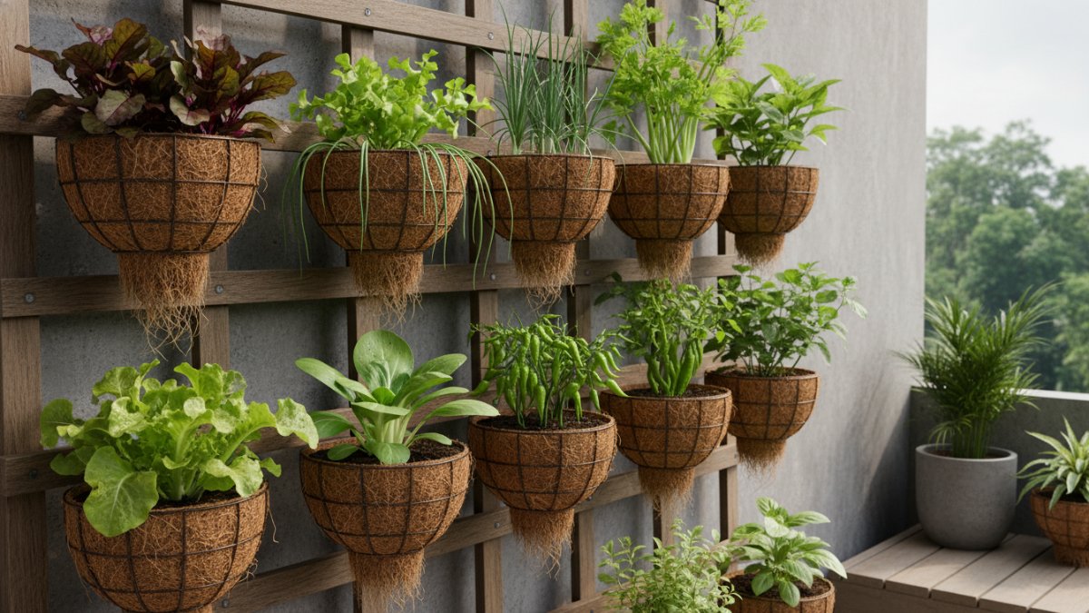 Jenis sayuran ringan seperti selada dan pakcoy mini di pot gantung.