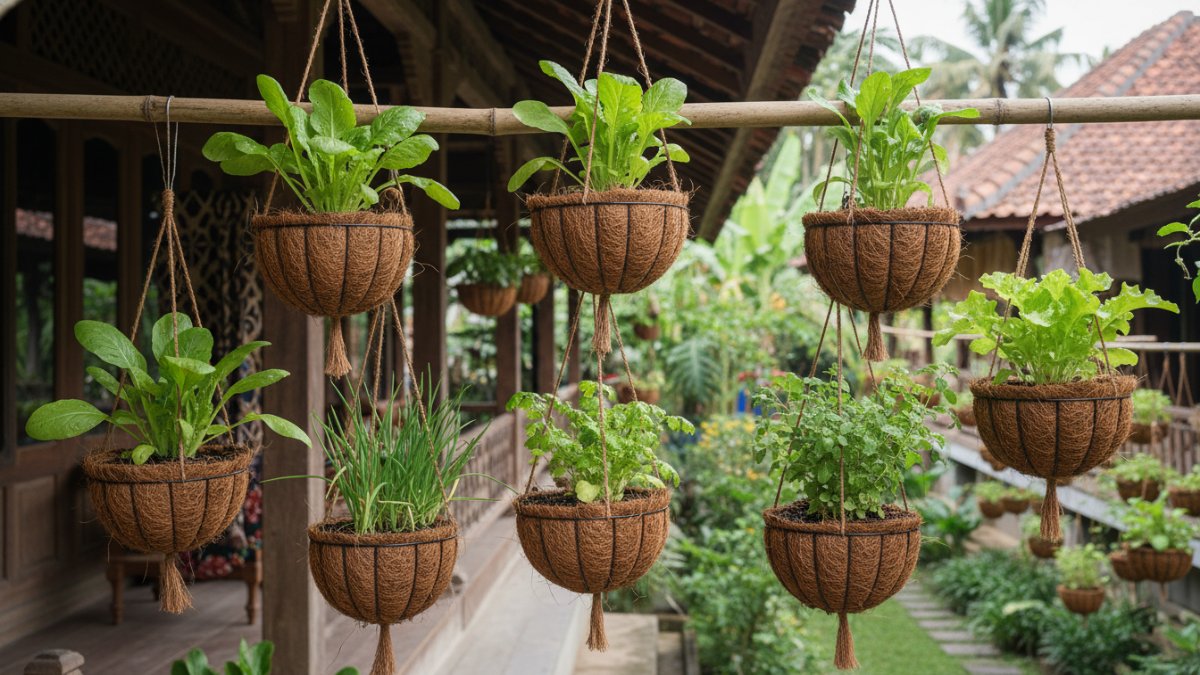 Aneka sayuran ringan tumbuh stabil di pot sabut kelapa.