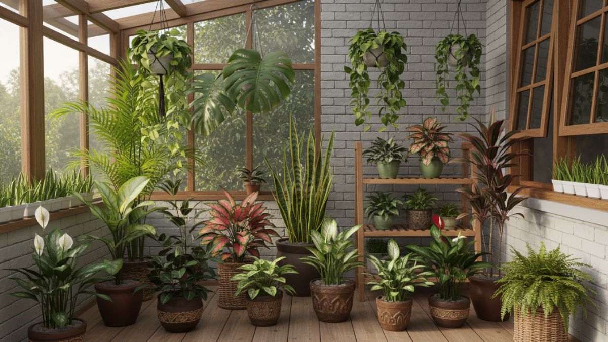 Sansevieria dan aglaonema di sudut teras tertutup rumah.