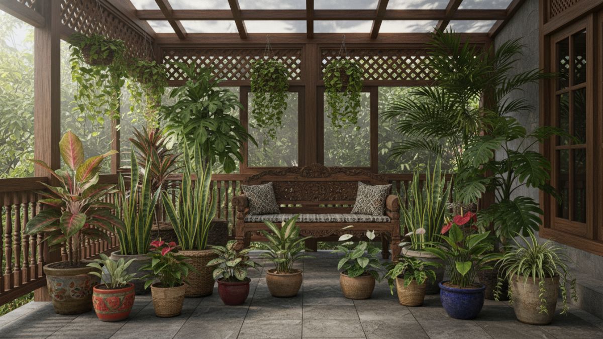 Aglaonema dan sansevieria memberi aksen segar di ruang teduh.