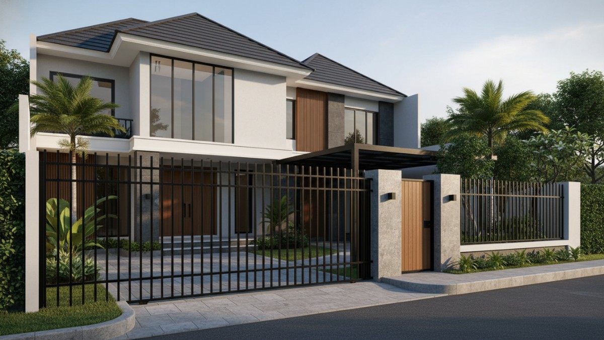 Tampilan pagar rumah klasik Eropa dengan komposisi simetris dan material elegan.