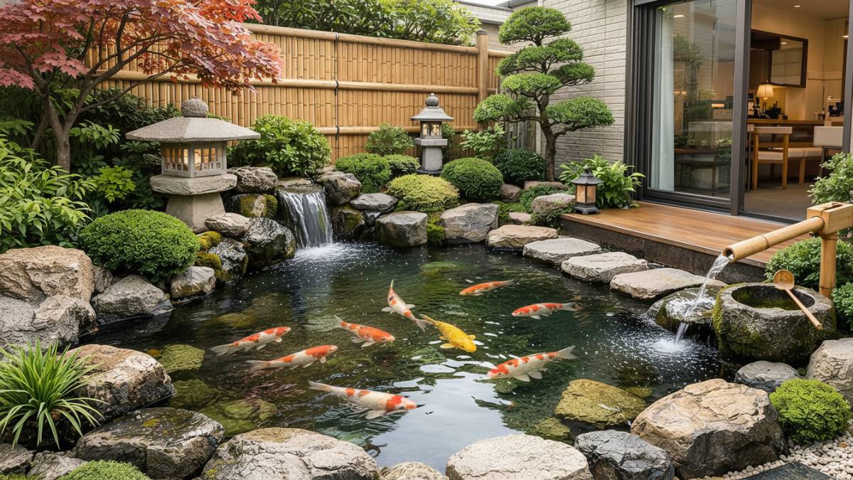 Kolam ikan minimalis bergaya taman Jepang di halaman kecil rumah perkotaan yang tertata rapi.