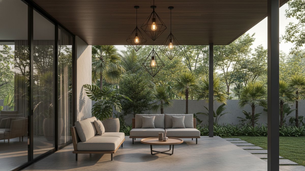 Teras rumah modern dengan lampu gantung minimalis sebagai fokus visual utama.