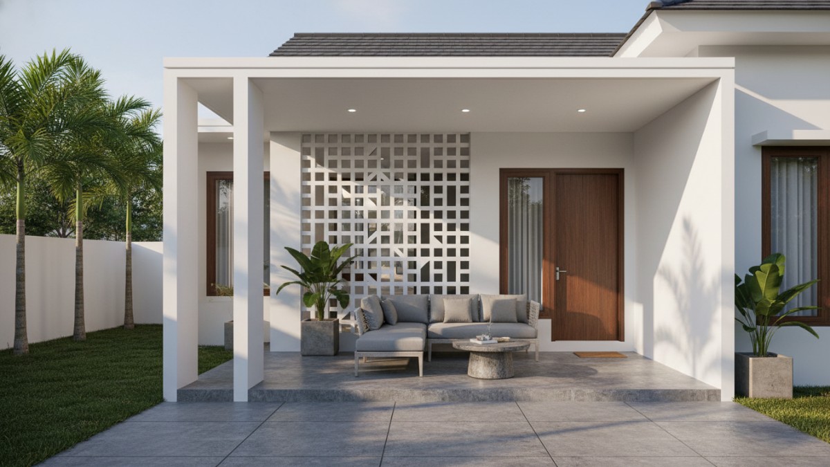 Bentuk geometris sederhana memperkuat kesan modern teras.