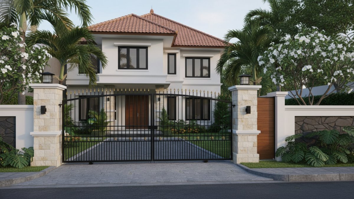 Pagar rumah klasik Eropa dengan besi tempa dan pilar kokoh sebagai elemen utama hunian elite.
