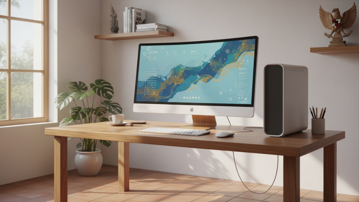 Ilustrasi All In One PC modern di ruang kerja minimalis dengan layar besar dan desain rapi.