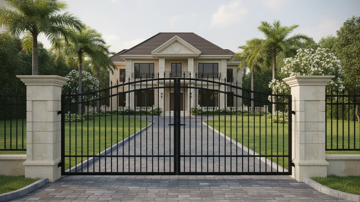 Detail skala pagar besi yang proporsional dengan tinggi bangunan rumah.