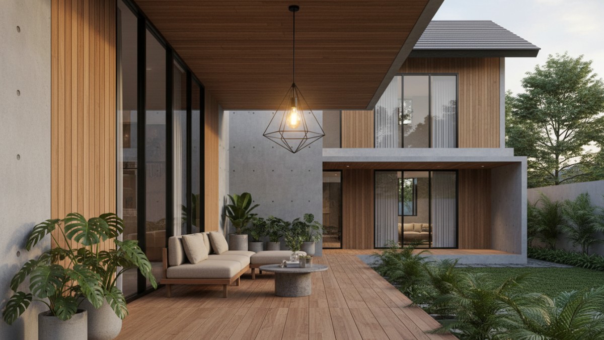 Lampu gantung minimalis mempercantik teras rumah modern.