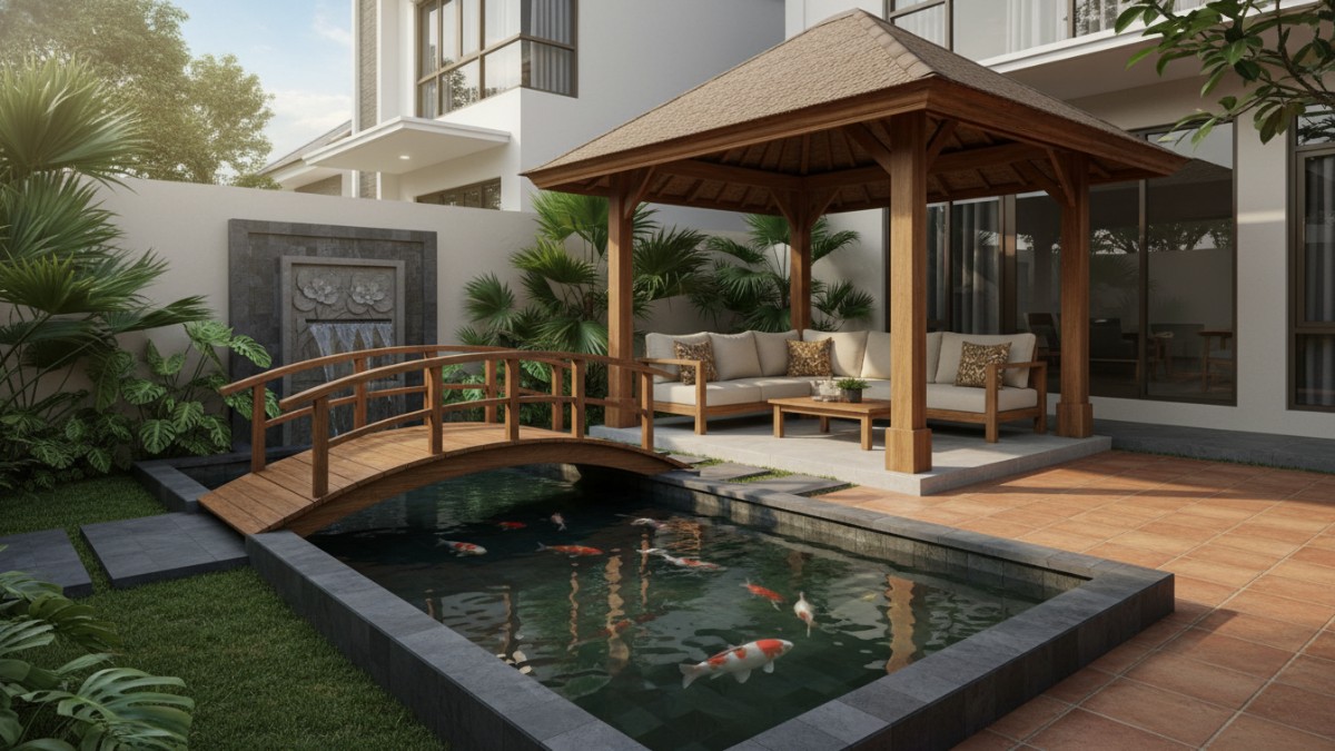 Halaman rumah dengan kolam ikan dan gazebo modern sebagai ruang relaksasi alami.