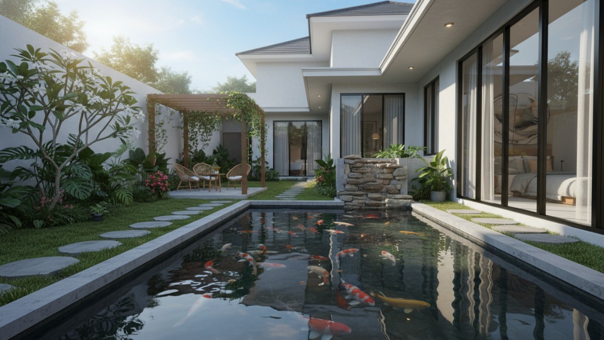 Kolam ikan menyatu dengan tampilan halaman rumah modern.