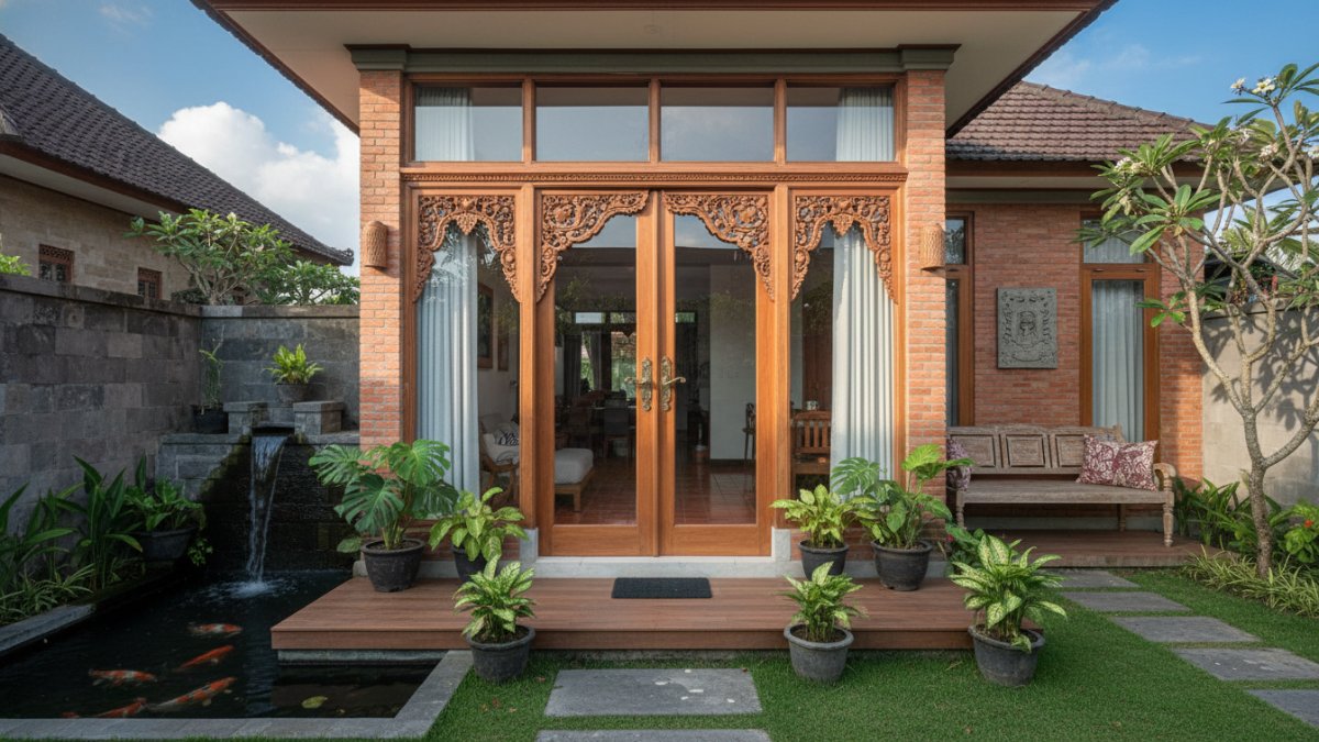 Jendela tinggi dan pintu kaca menghadirkan cahaya alami ke dalam rumah kecil.