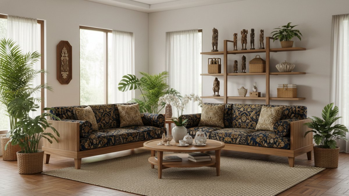 Tampilan ruang tamu estetik dengan keseimbangan visual dan furnitur tertata rapi.