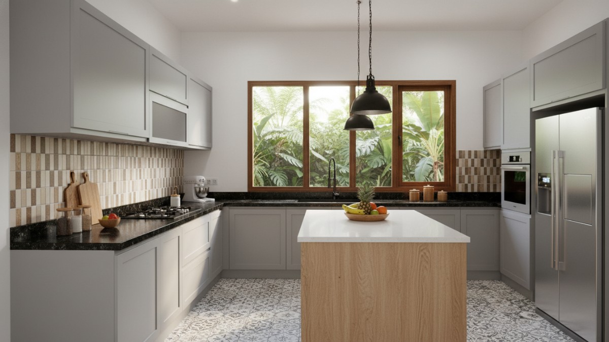 Perpaduan material matte dan countertop polos pada dapur modern.
