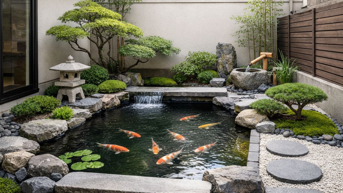Kolam ikan minimalis bergaya taman Jepang sebagai titik fokus visual di halaman kecil rumah perkotaan.