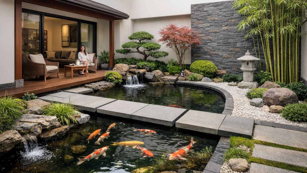 Kolam ikan minimalis bergaya Jepang menjadi pusat visual yang menyatukan teras, taman, dan rumah, menghadirkan suasana tenang, alami, dan nyaman untuk bersantai.