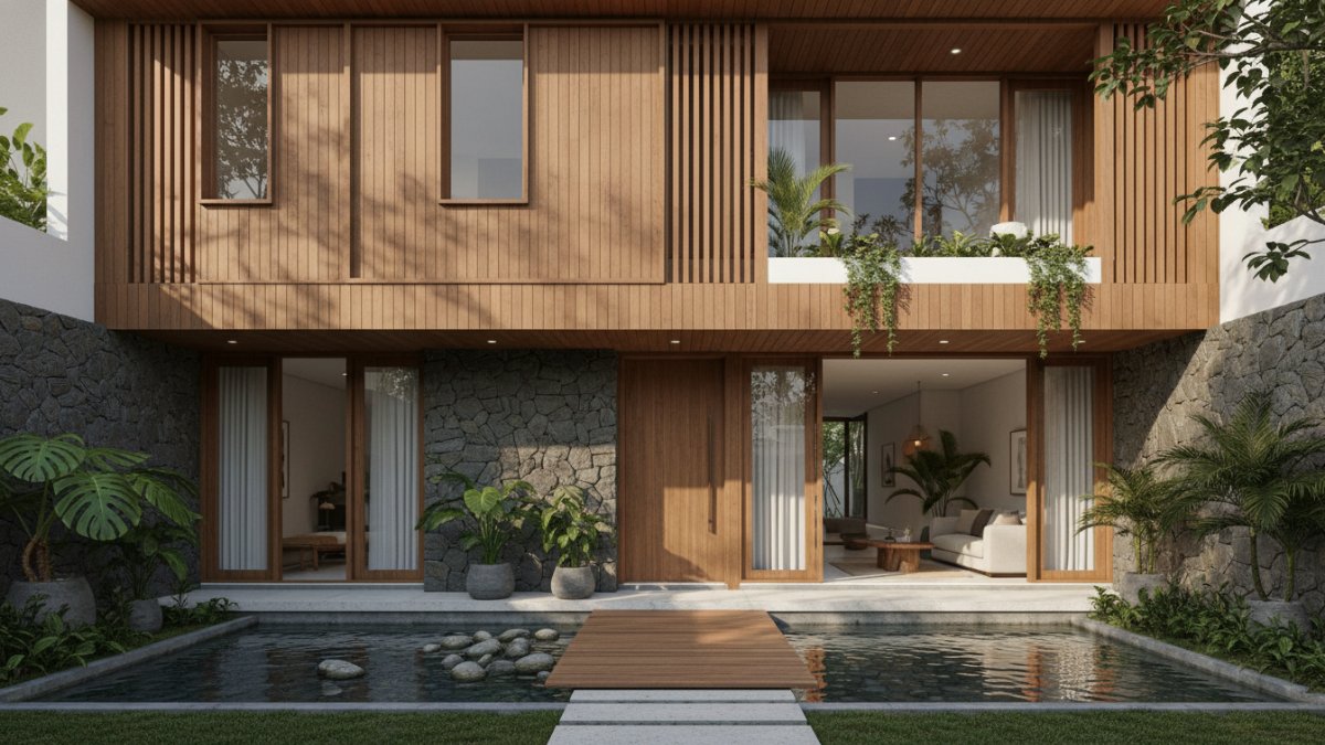 Material kayu dan batu alam di interior