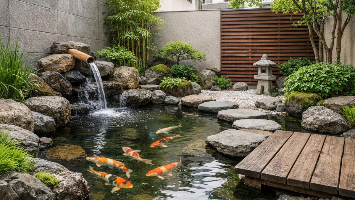 Kolam ikan minimalis bergaya taman Jepang dengan perpaduan air, batu alam, kayu, dan tanaman hijau yang menciptakan suasana tenang dan sejuk di halaman kecil rumah perkotaan.
