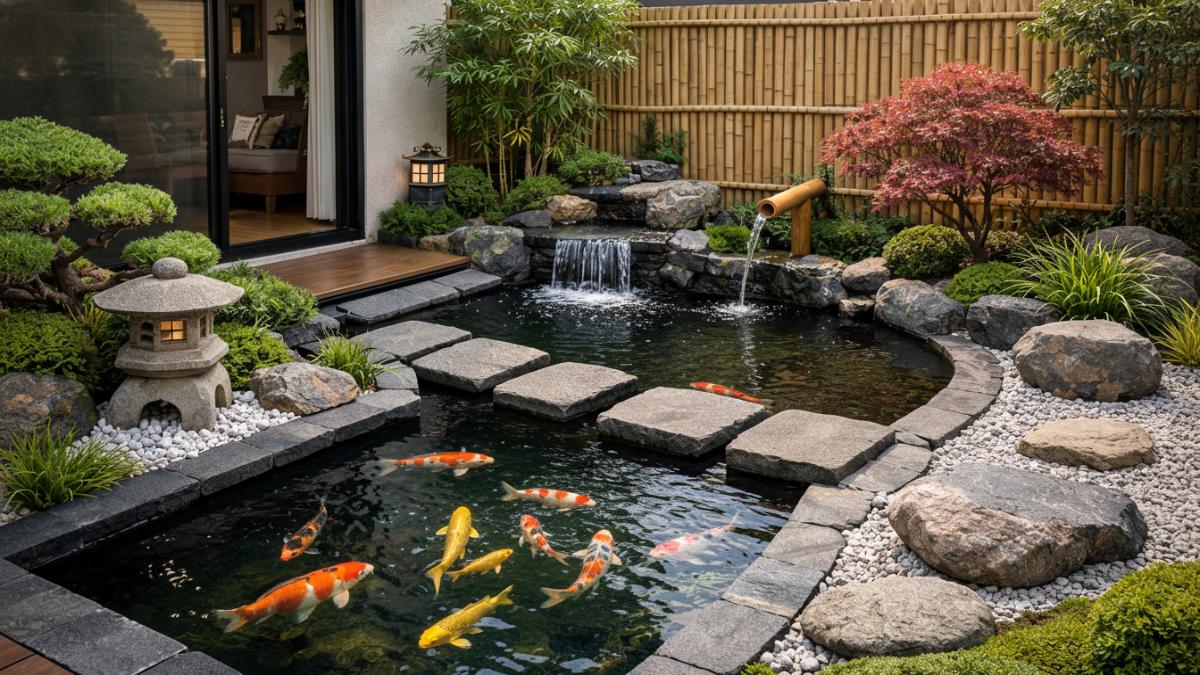 Kolam ikan minimalis bergaya taman Jepang di halaman rumah perkotaan dengan suasana tenang dan estetik.
