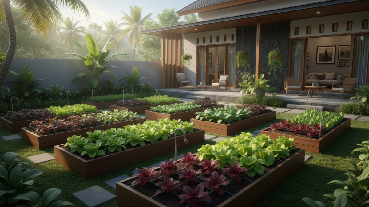 Rak vertikal berisi sayuran daun di sudut halaman rumah.