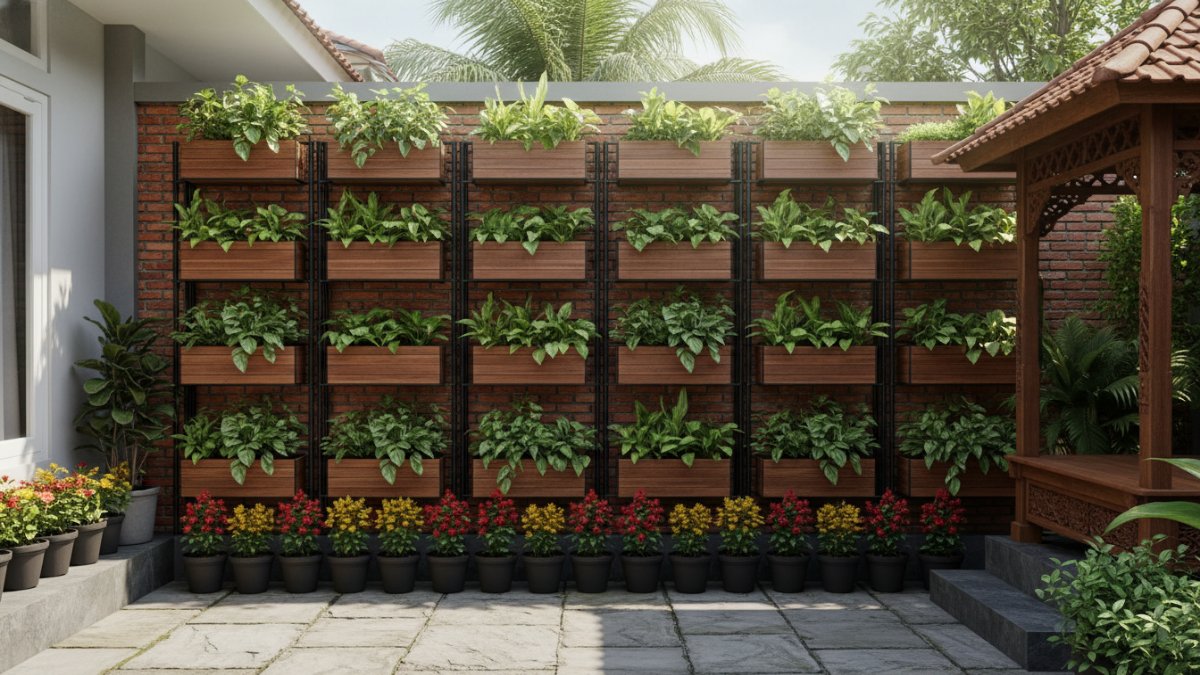 Planter box kayu tersusun seragam menciptakan kesan teratur.