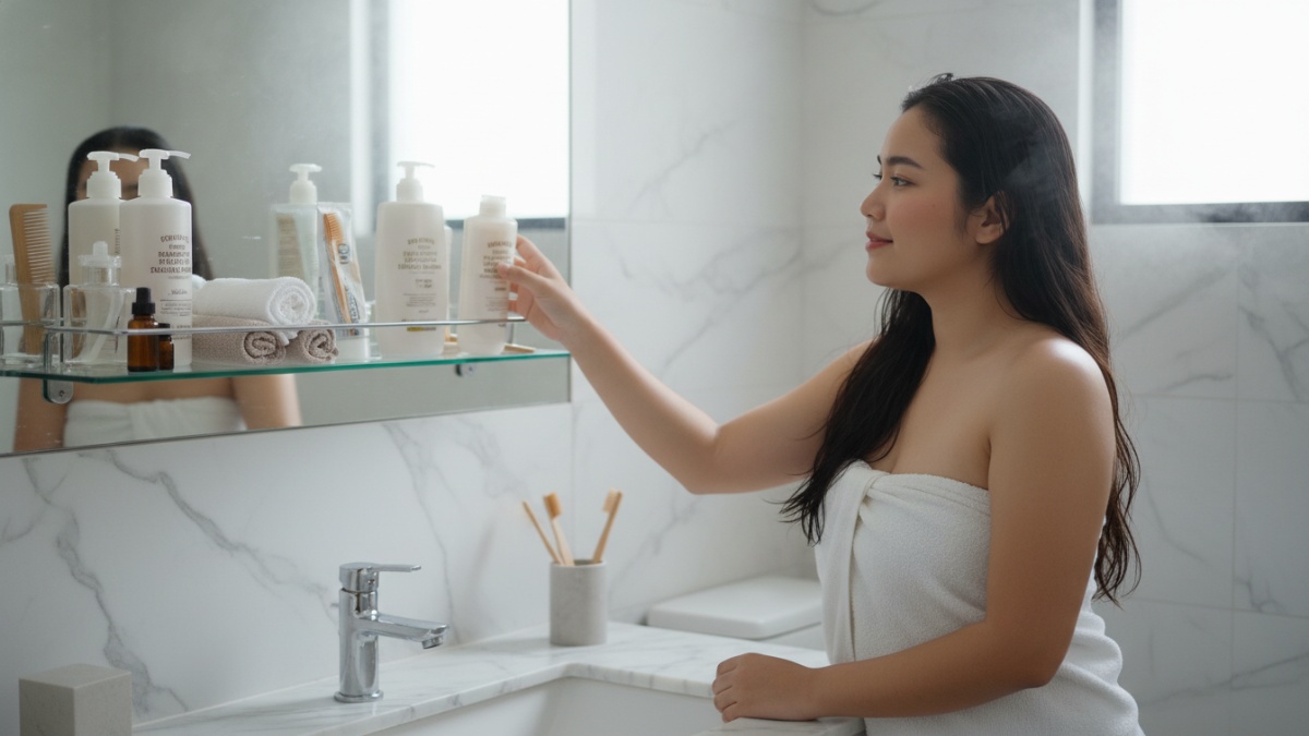 Rak kamar mandi yang tersusun rapi membantu ruang kecil terasa lebih luas.