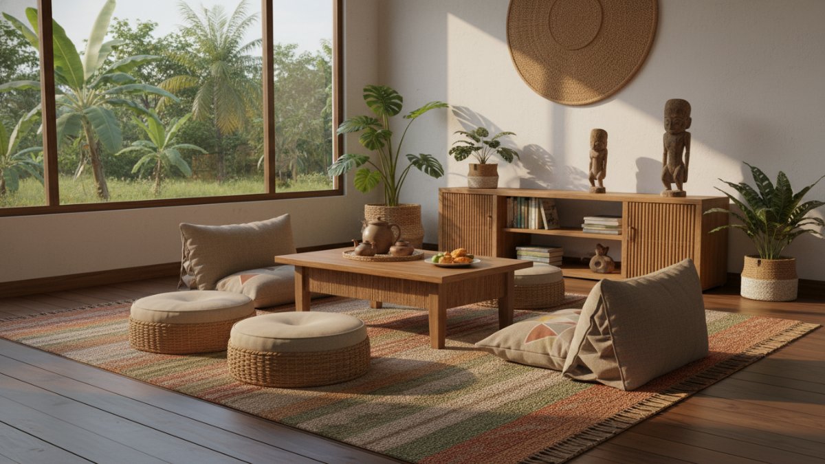 ruang keluarga lesehan dengan alas duduk nyaman dan furnitur rendah.