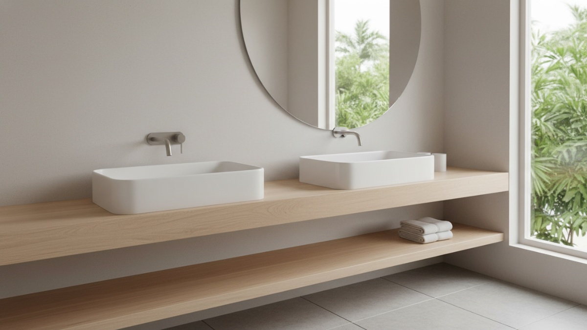 Ilustrasi wastafel kamar mandi minimalis dengan tampilan bersih dan modern.