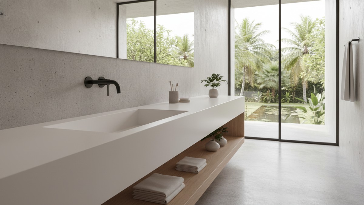 Material solid surface pada wastafel tanpa sambungan.
