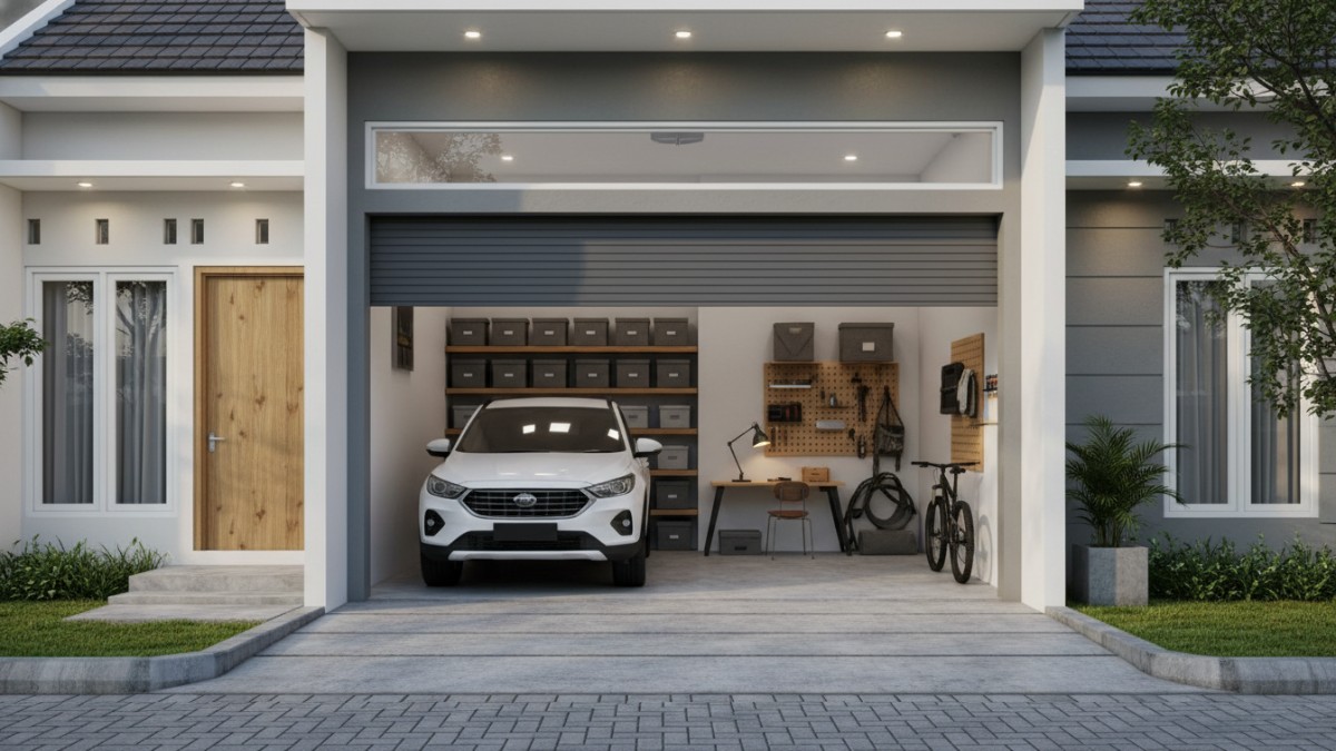 Garasi pada rumah 8x12 tidak hanya berfungsi sebagai tempat parkir mobil
