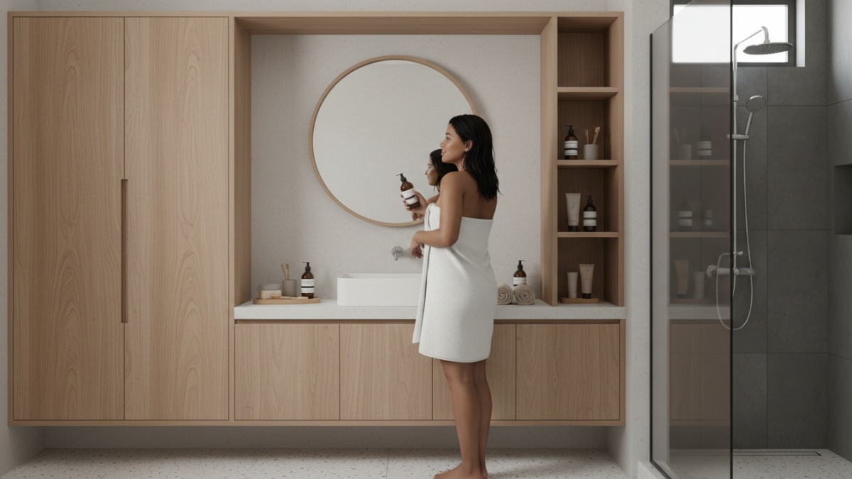 Rak Menyatu dengan lemari dan wantafel di kamar mandi