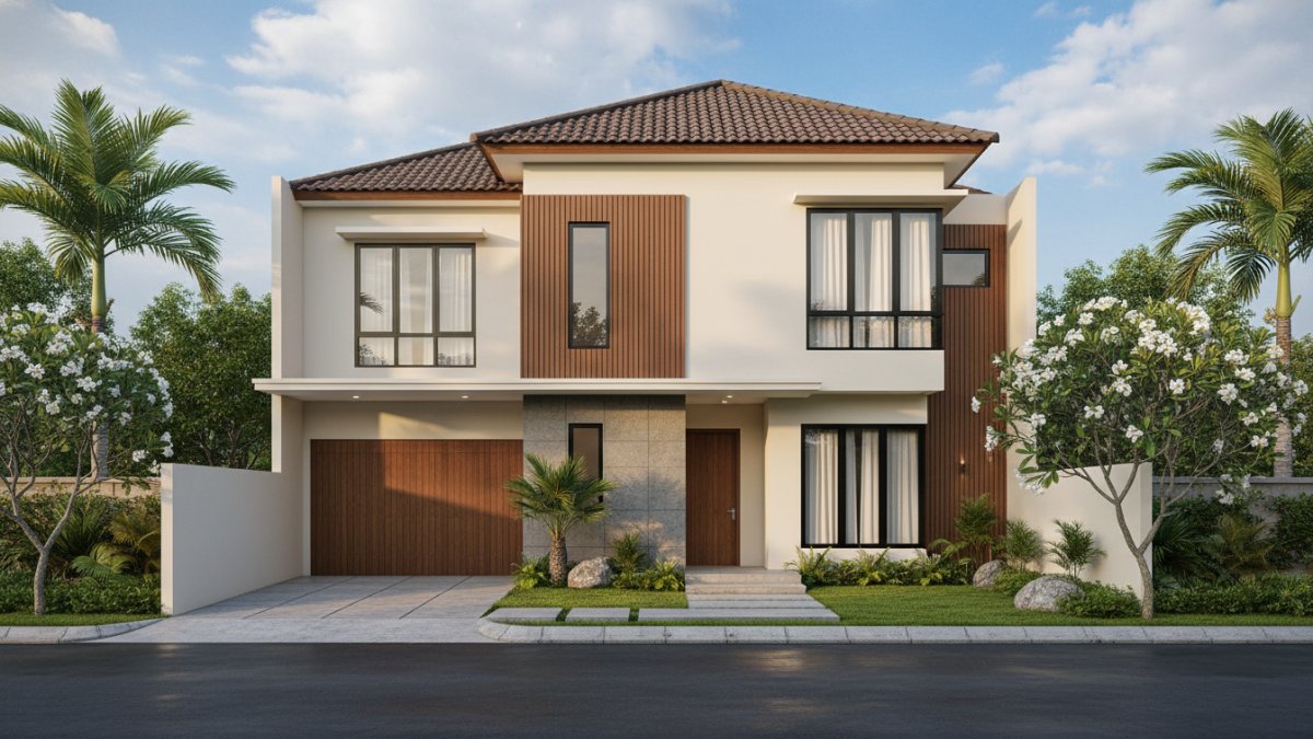 Tampilan rumah 8x12 bergarasi dengan fasad sederhana dan proporsi seimbang untuk keluarga modern.