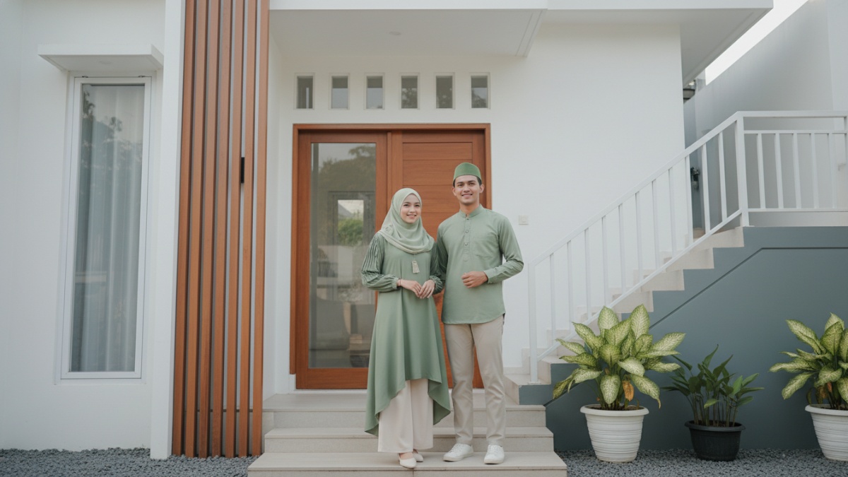 Warna sage green dan krem susu pada busana muslim modern.