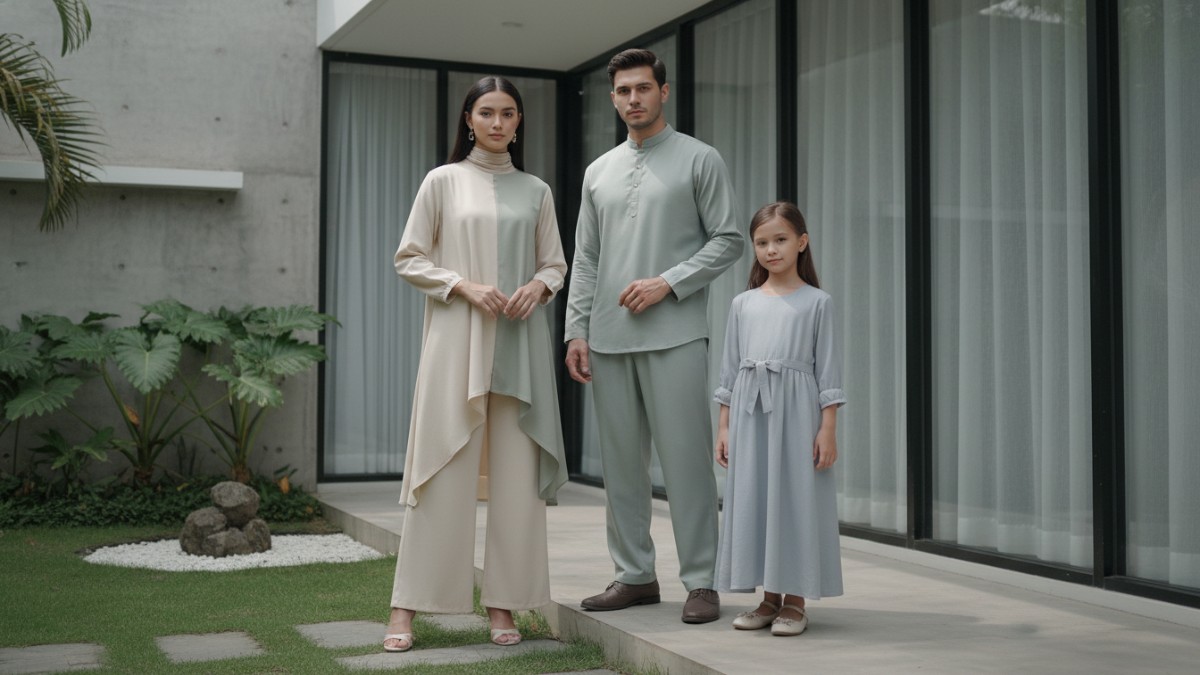 Ilustrasi busana Lebaran 2026 dengan potongan bersih dan warna tenang yang nyaman dikenakan.