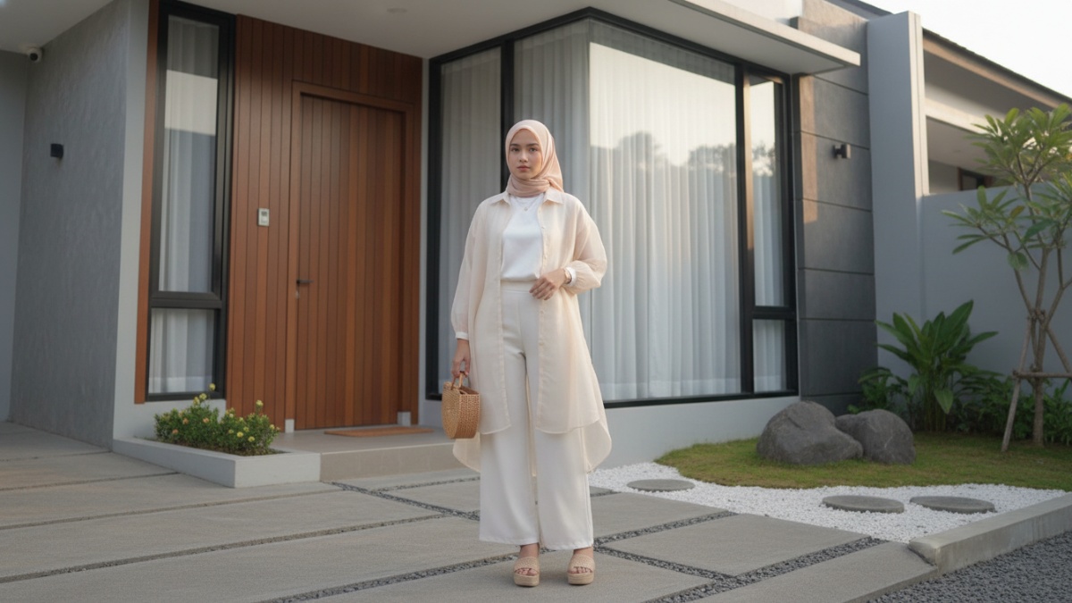 Model layering ringan menggunakan outer tipis untuk gaya Lebaran yang fleksibel.