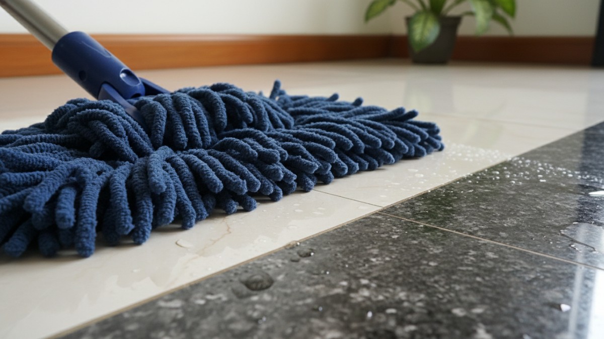 Tampilan kain pel microfiber yang halus untuk lantai keramik dan granit.