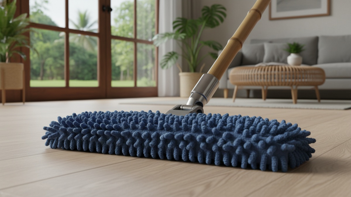 Tampilan kain pel microfiber untuk lantai dalam ruangan modern.