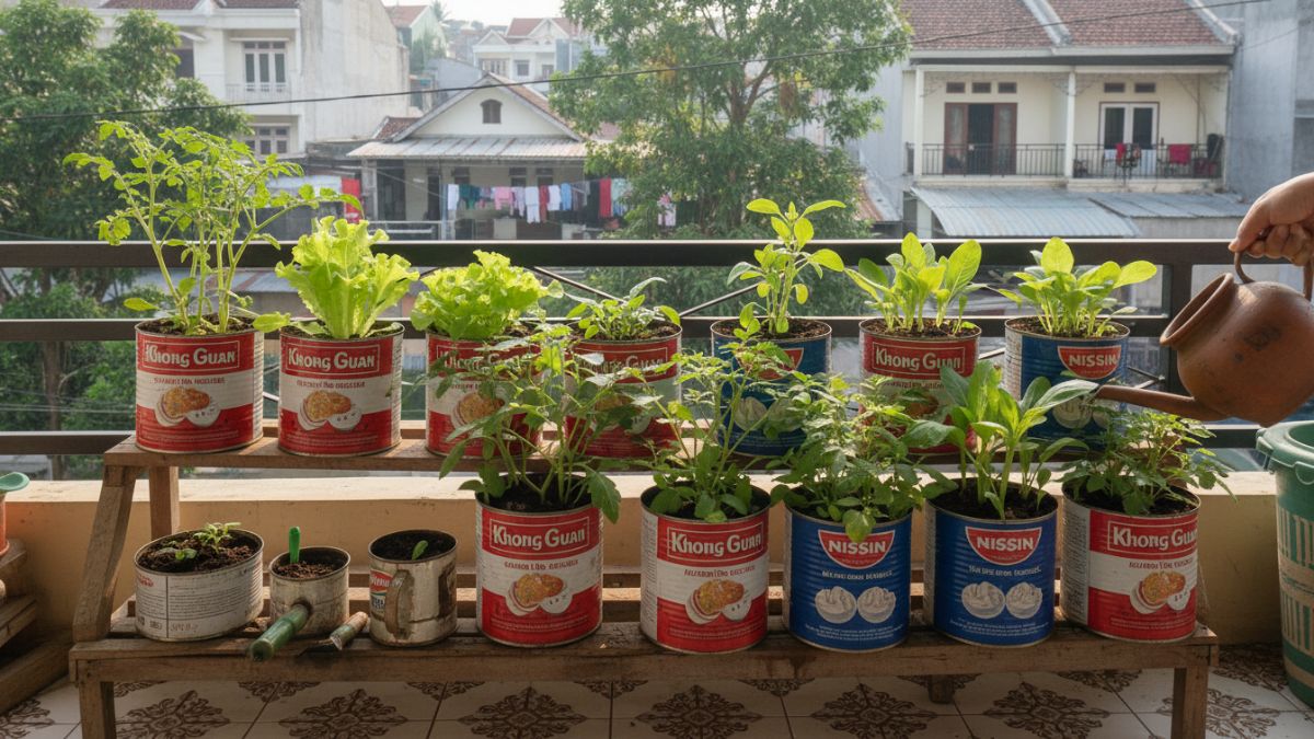 Kaleng biskuit bekas disusun rapi menjadi kebun sayur mini di sudut rumah