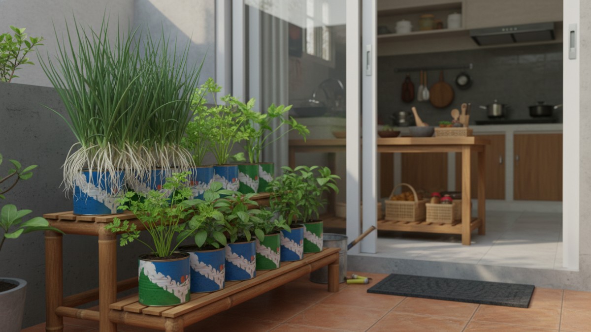Kebun tematik bumbu dapur dari kaleng biskuit dekat area dapur