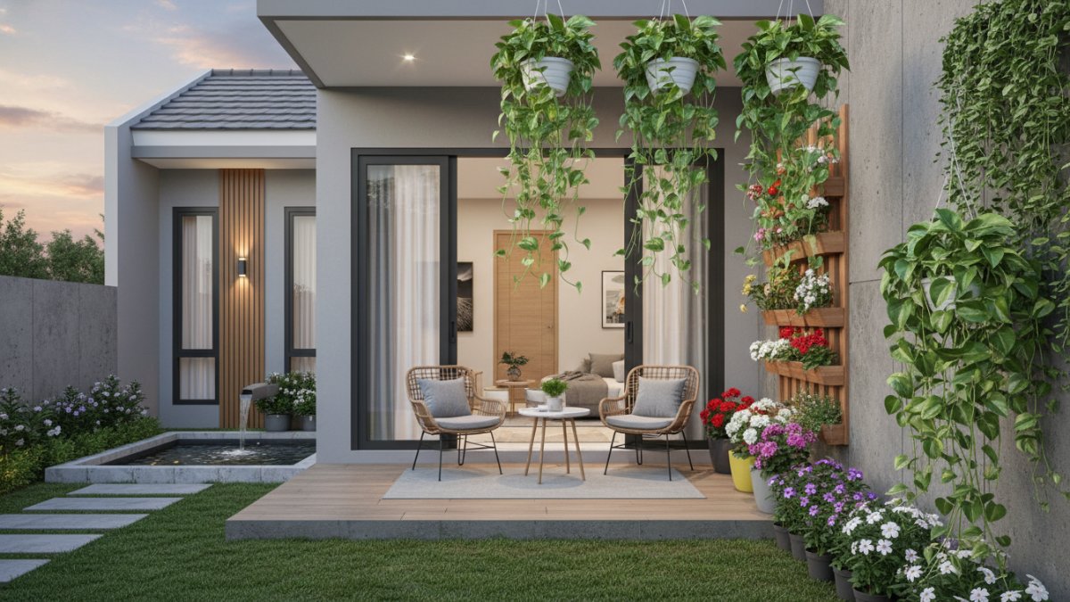 Sirih gading menjuntai di pot gantung untuk teras sempit, Geranium berbunga cerah memperkaya warna teras rumah