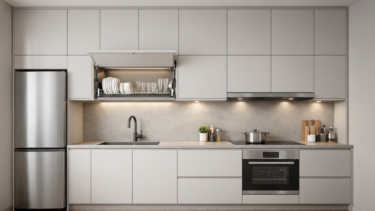Dapur minimalis linear dengan sistem penyimpanan tersembunyi.